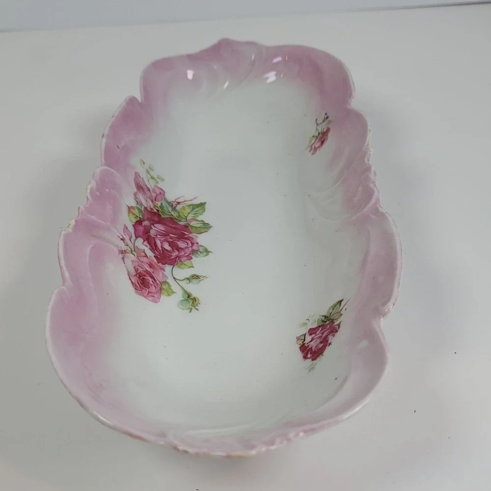 Vintage Porcelain Celery Dish Pink Rose Floral Scalloped Edge Serving Tray 12in